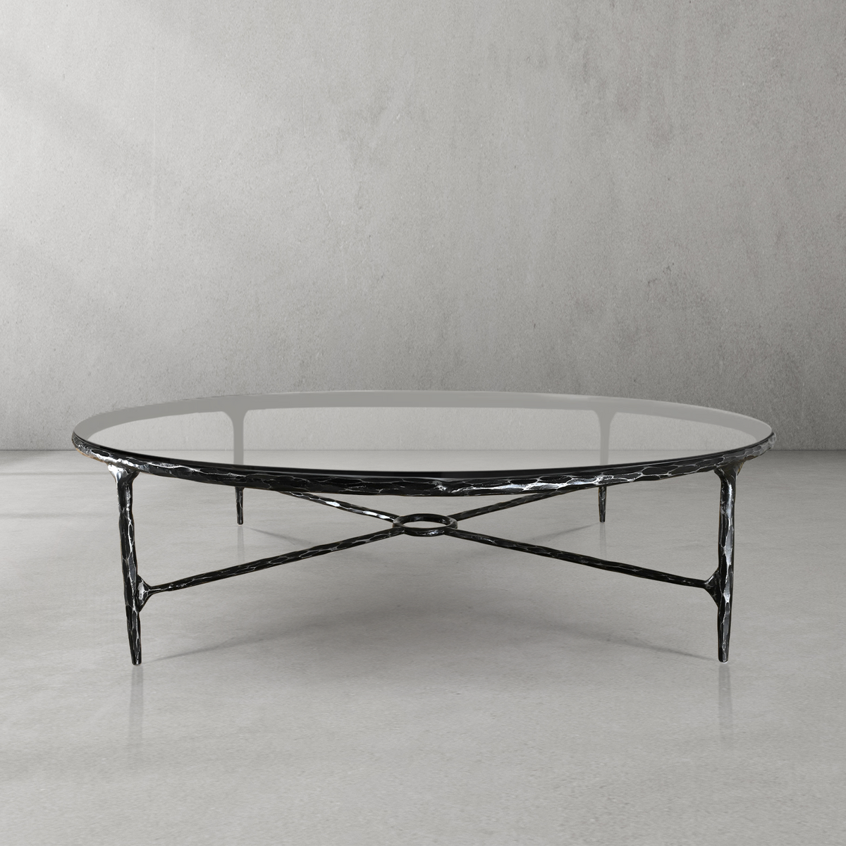 Thaddeus Forged Iron Glass Round Coffee Table 36" 55" - Dawn Lamps