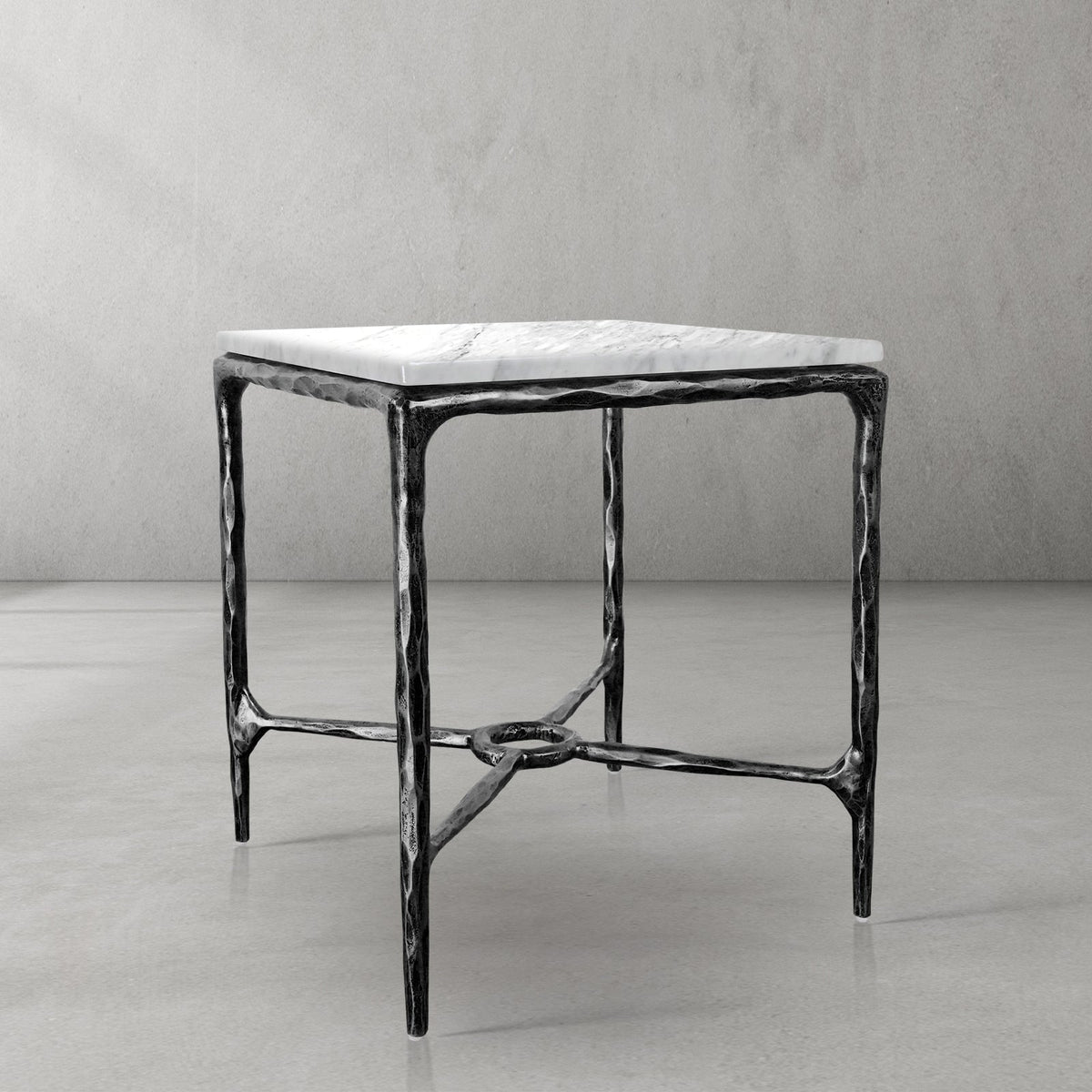Thaddeus Forged Iron Mabrble Square Side Table 18" 22" Overhang O - Dawn Lamps
