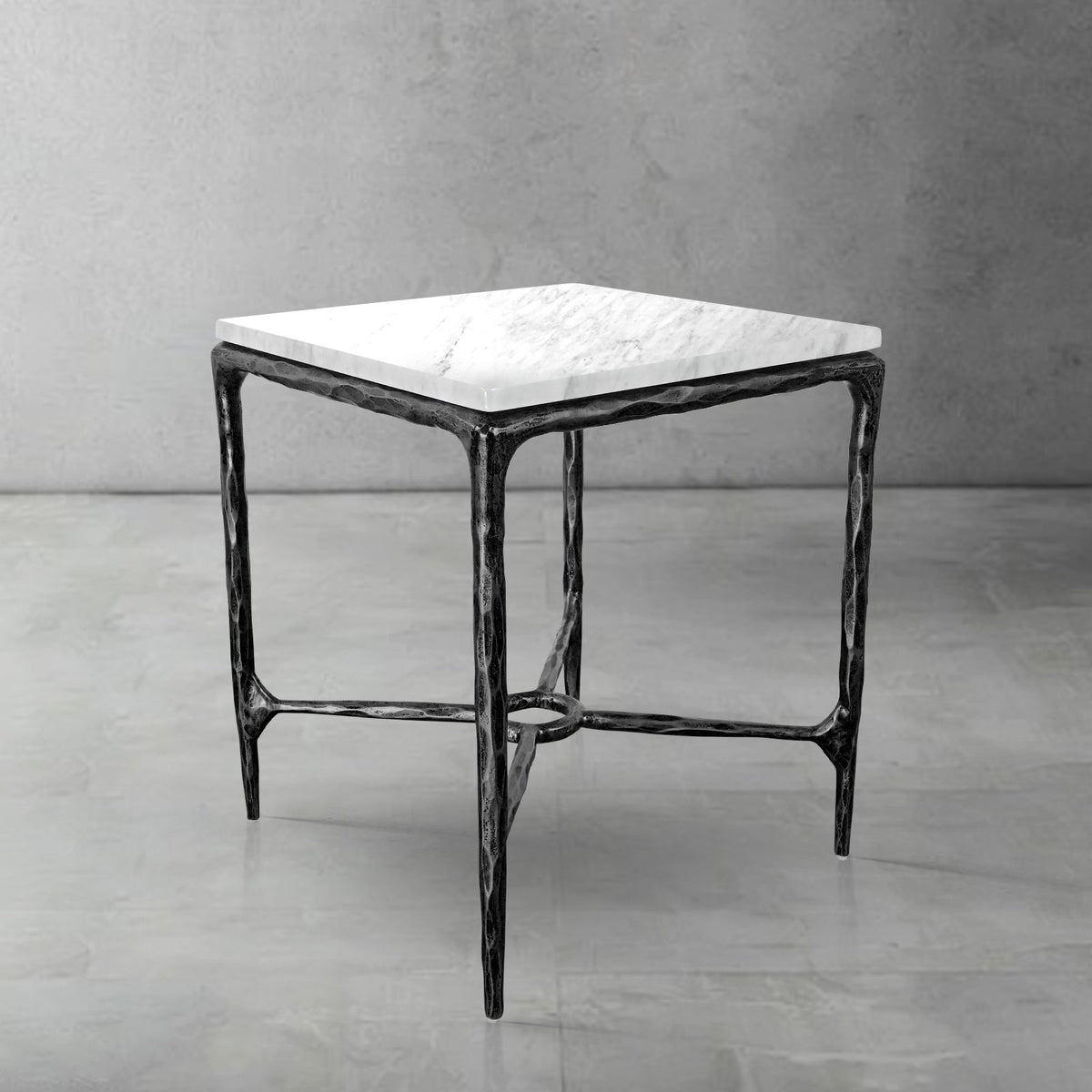 Thaddeus Forged Iron Mabrble Square Side Table 18" 22" Overhang O - Dawn Lamps