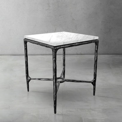 Thaddeus Forged Iron Mabrble Square Side Table 18" 22" Overhang O - Dawn Lamps