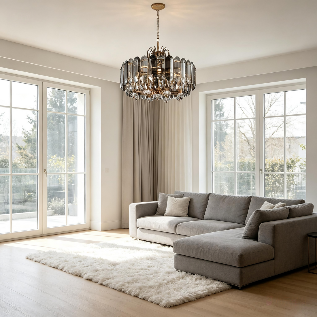 Calista Smoke and Clear Faceted Glass Chandelier in Antique Brass