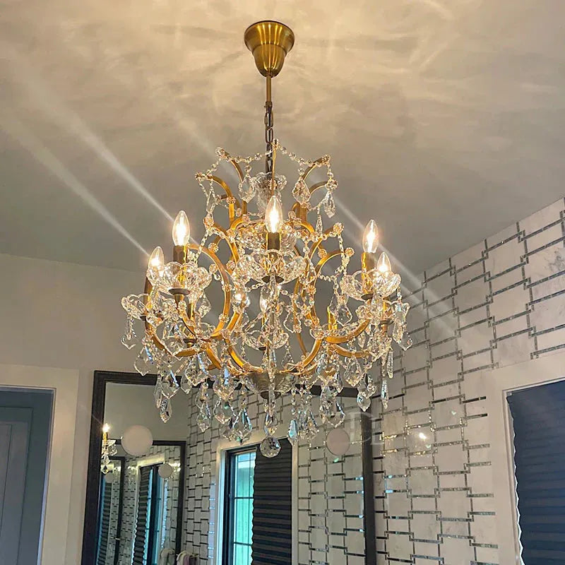 19th C. Rococo Iron & Crystal Round Chandelier 18" - Dawn Lamps