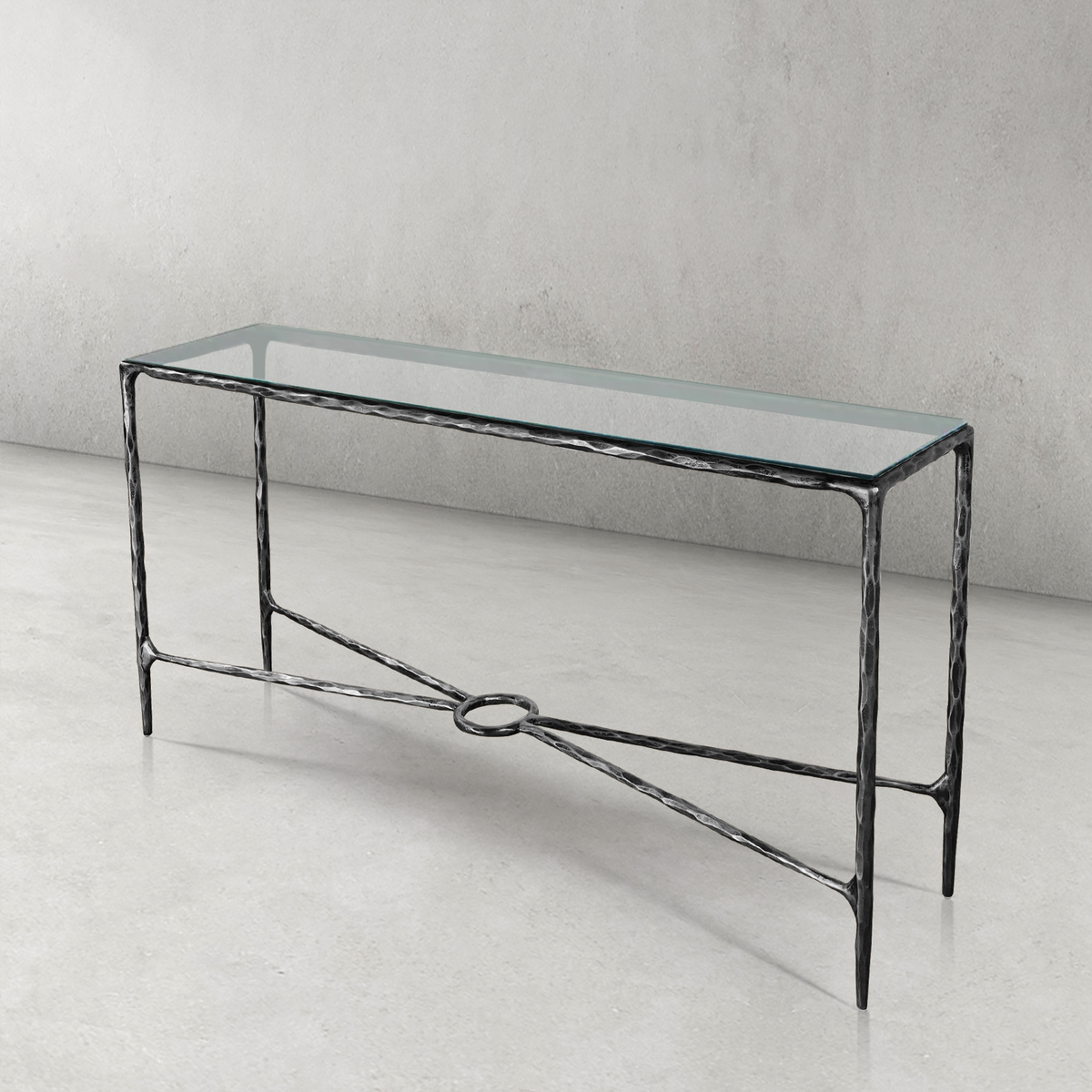 Thaddeus Forged Iron Rectangle Glass Console Table 60" 72" - Dawn Lamps