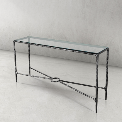 Thaddeus Forged Iron Rectangle Glass Console Table 60" 72" - Dawn Lamps
