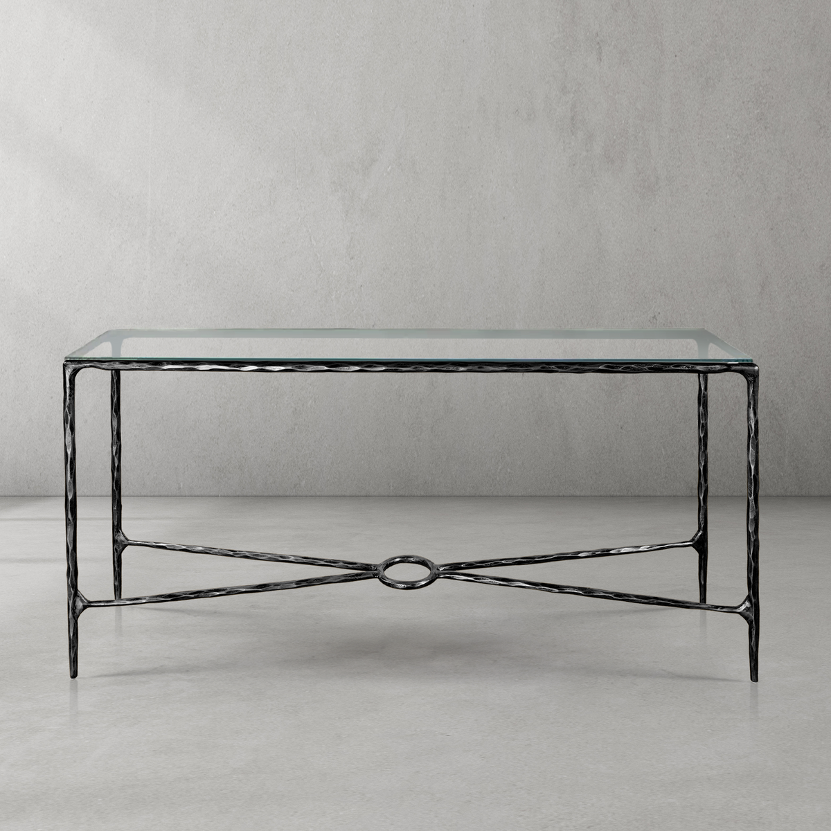 Thaddeus Forged Iron Rectangle Glass Console Table 60" 72" - Dawn Lamps