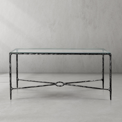 Thaddeus Forged Iron Rectangle Glass Console Table 60" 72" - Dawn Lamps