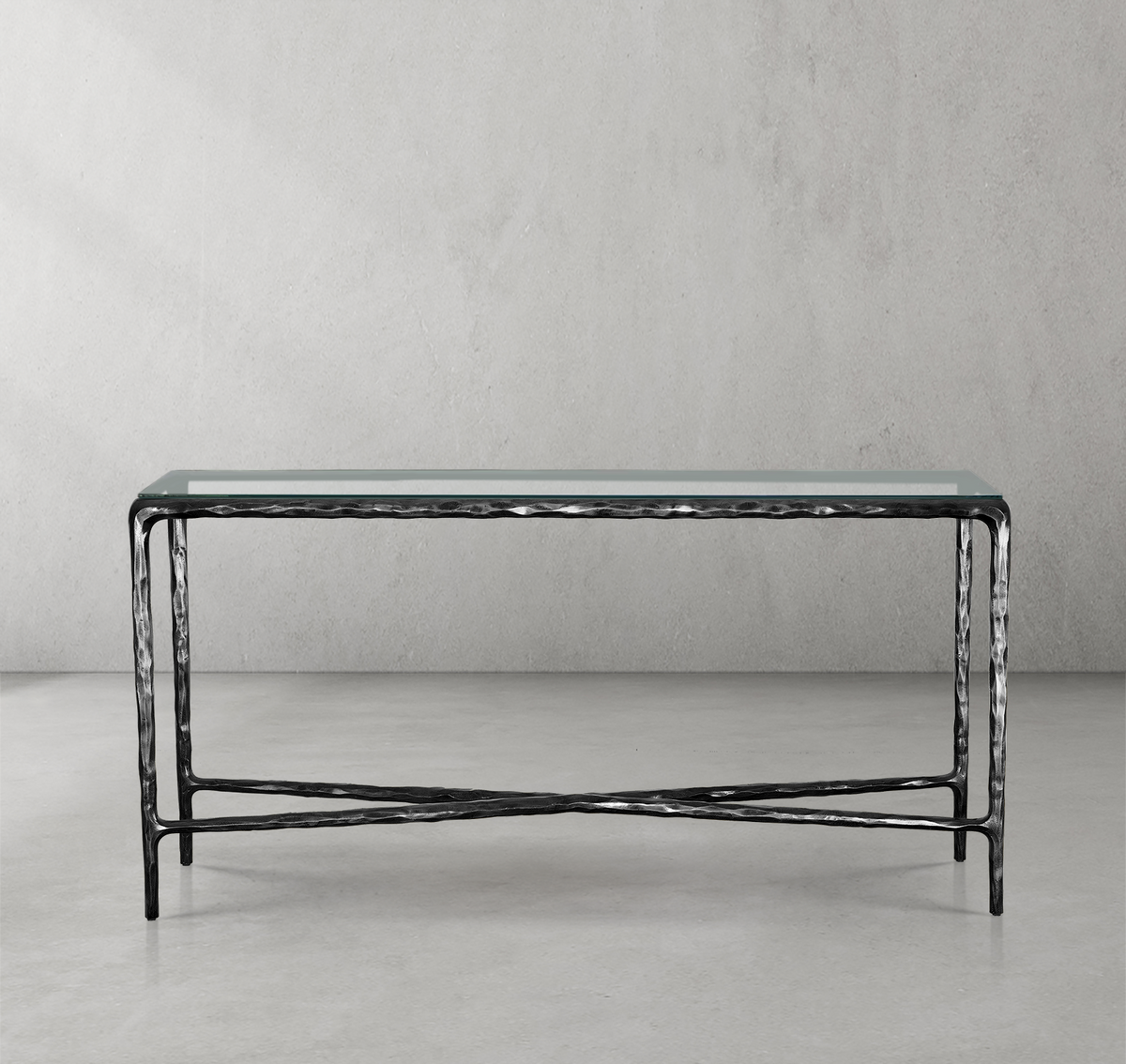 Thaddeus Forged Iron Rectangle Glass Console Table 60" 72" - Dawn Lamps